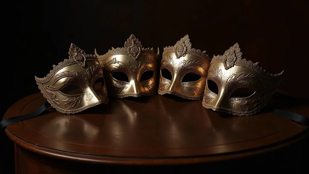 quatre masques vénitiens et de dentelle disposés au choix sur chêne sombre a Grenoble