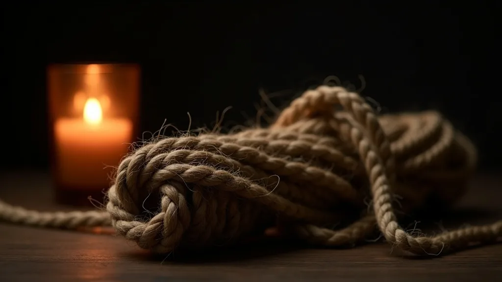 corde de shibari en jute lovée en écheveau sur chêne sombre a Grenoble