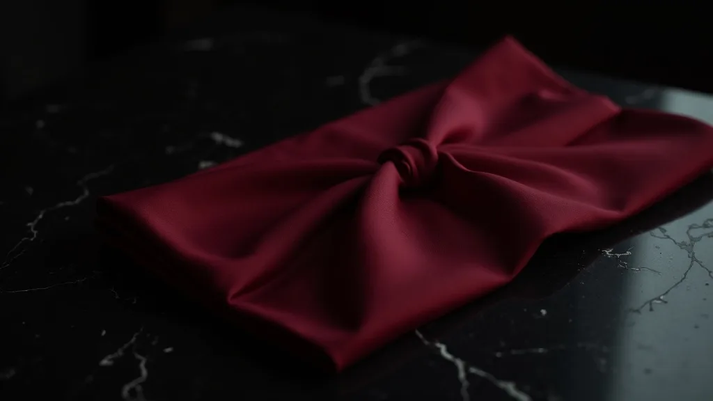 bandeau de soie bordeaux plié sur marbre noir lisse a Grenoble