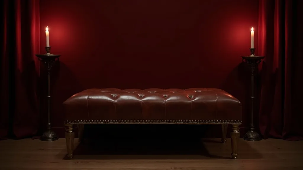 banc de bondage en cuir oxblood clouté de laiton, lumière de bougie a Grenoble